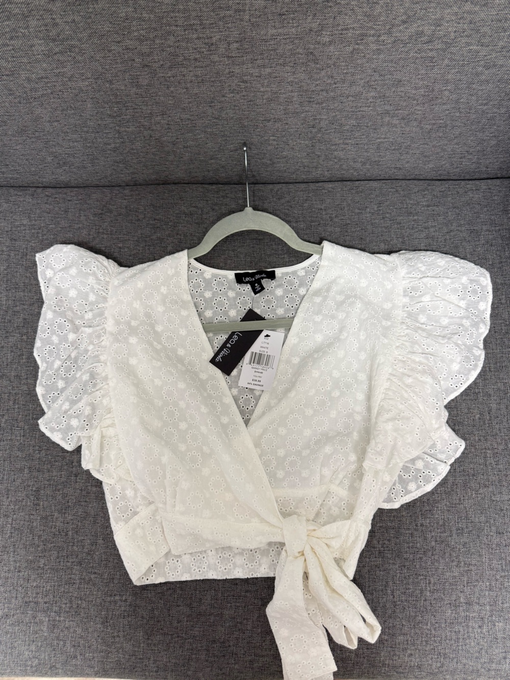 Lea & Viola  size S White Eyelet Wrap Crop Top with Ruffle Sleeves